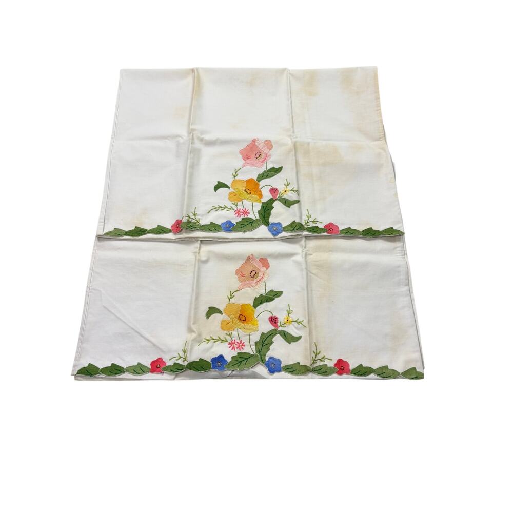 VTG 2 flower applique pillowcases, stains from storage. 29.5 x 19. vintage